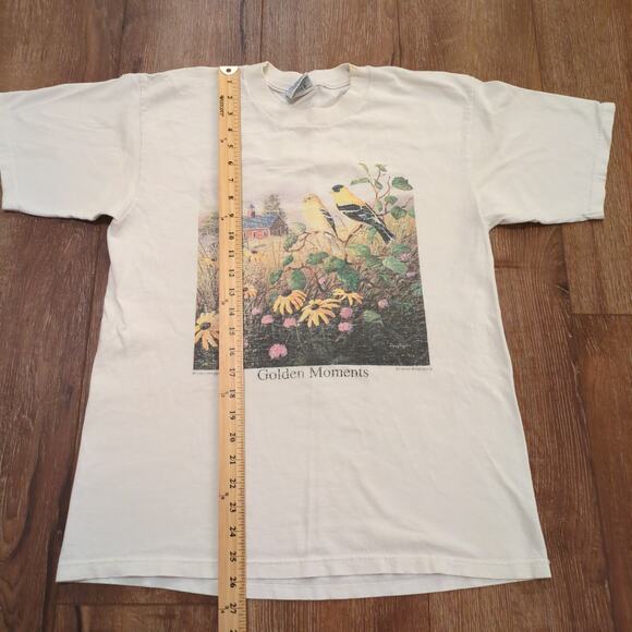 VTG Golden Moment American Goldfinch Bird Adult Medium Shirt Flowers Floral Farm - Picture 5 of 8